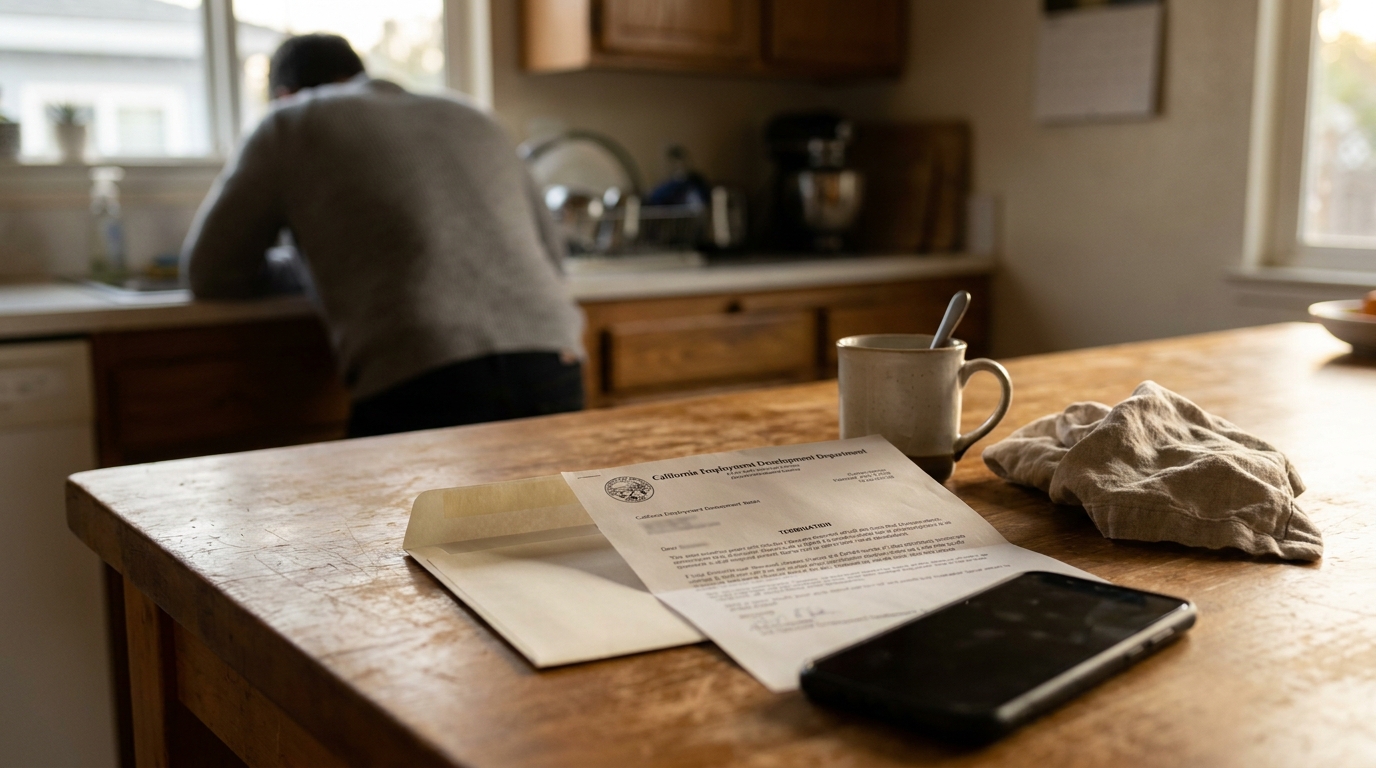California Wrongful Termination Letter on Kitchen Table California Employment Development Department termination letter on kitchen table with smartphone