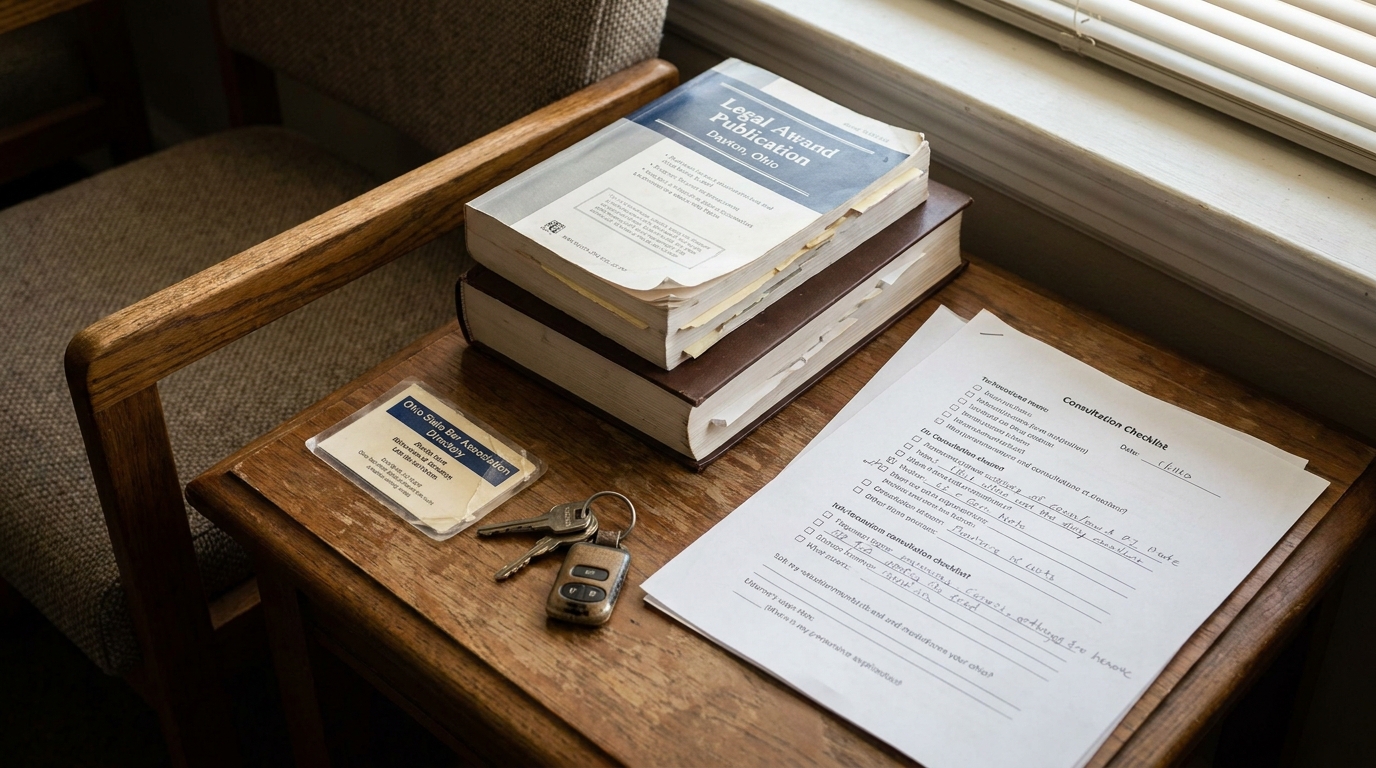Legal Award Publication Dayton Ohio book stacked with consultation checklist and keys on wooden table