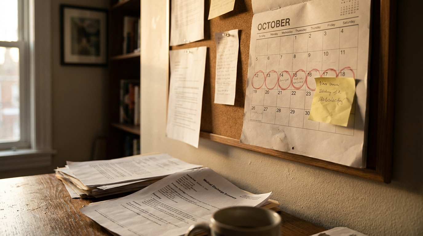 Delayed Fall Injury Reporting Risks Chicago Premises Claim October calendar with circled dates pinned above Medical Discharge Summary documents on desk