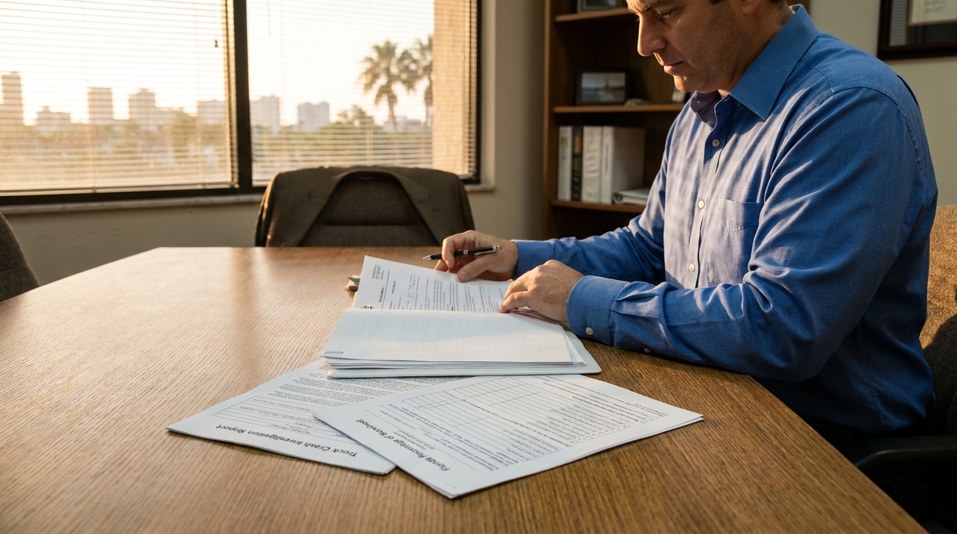 Fort Lauderdale Truck Accident Lawyer Reviewing Crash Investigation Report attorney reviewing Truck Crash Investigation Report and legal documents at office desk