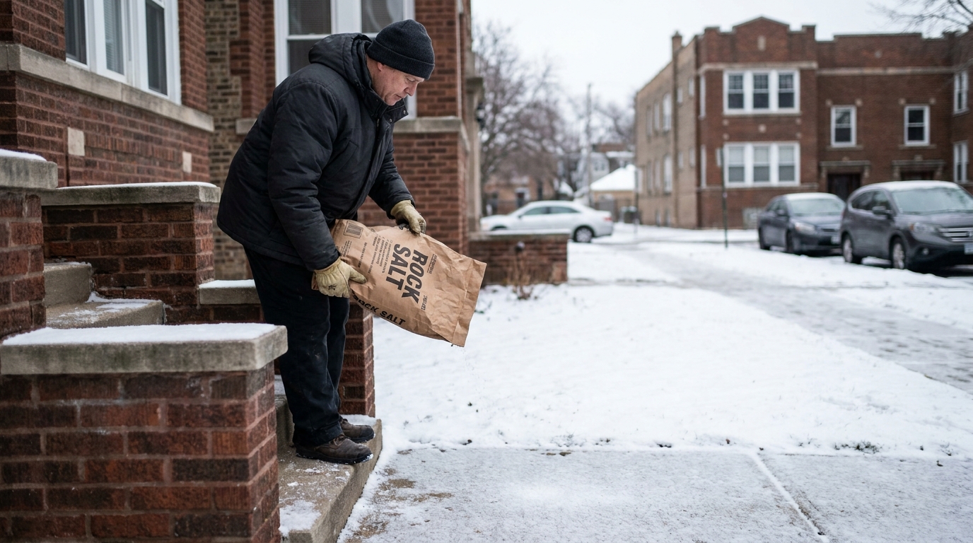 Chicago Property Owner Salting Icy Sidewalk in Winter man pouring Rock Salt bag onto snow-covered residential sidewalk steps