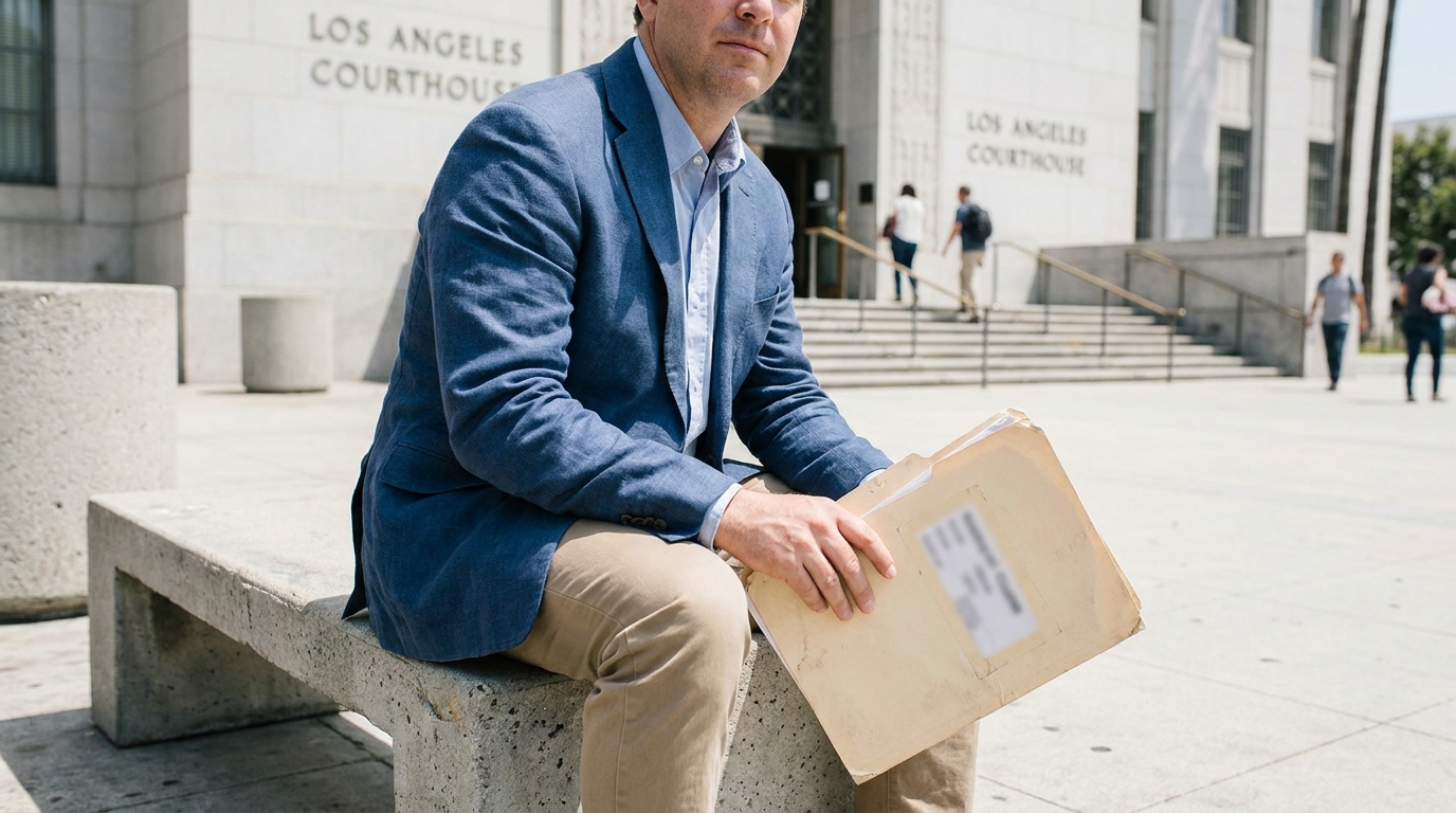 man holding legal folder seated outside Los Angeles Courthouse entrance
