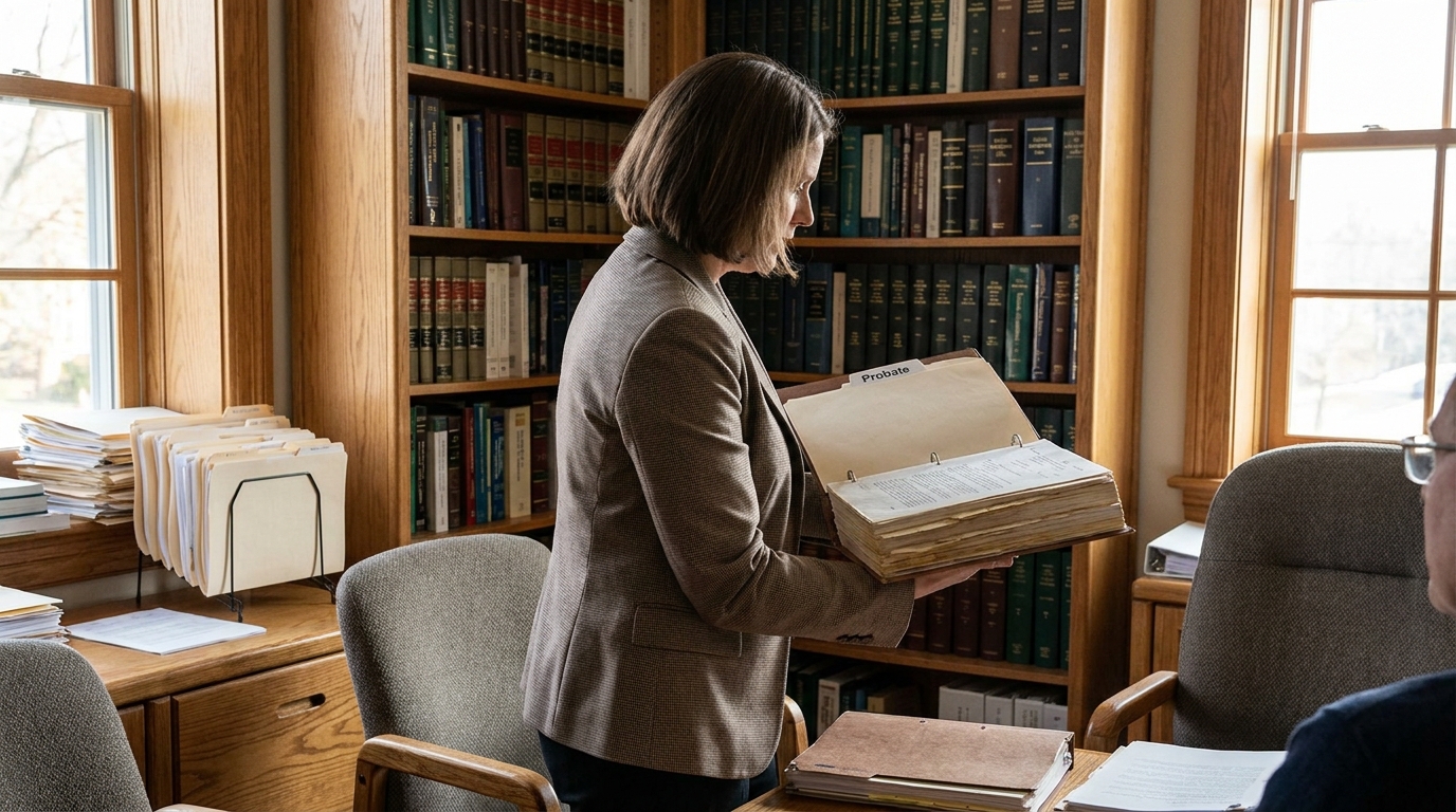 attorney holding open Probate folder in law office with legal bookshelves