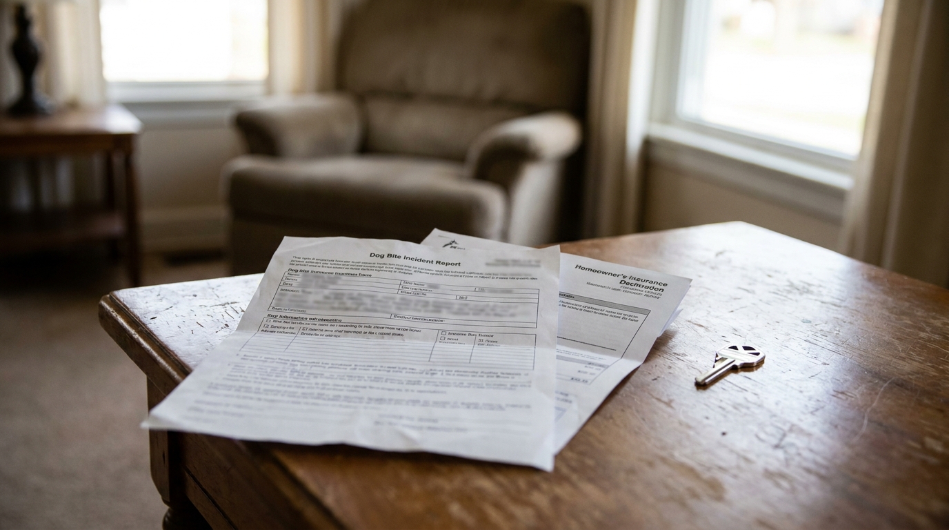 Dayton Dog Bite Incident Report and Homeowners Insurance Documents Dog Bite Incident Report and Homeowner's Insurance Declaration on wooden table