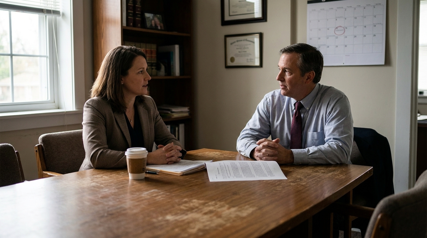 Chicago Premises Liability Lawyer Consulting Client on Claim Deadline two professionals in discussion across wooden table with legal documents and framed credentials