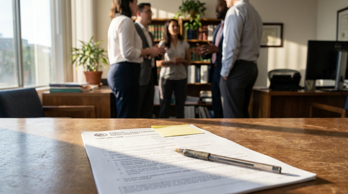 California FEHA Discrimination Complaint Form Los Angeles Law Office California Department of Fair Employment complaint form on desk with legal professionals discussing in background