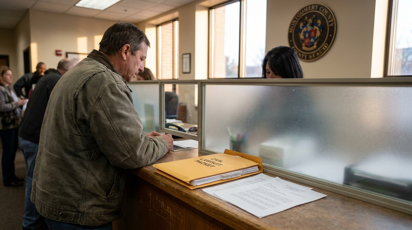 man filing civil lawsuit packet at Montgomery County courthouse clerk counter