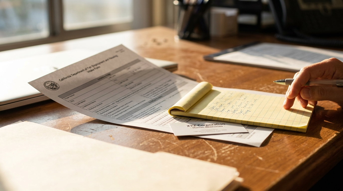 California FEHA Intake Form Quid Pro Quo Harassment Claim California Department of Fair Employment and Housing intake form on desk with notepad and pen