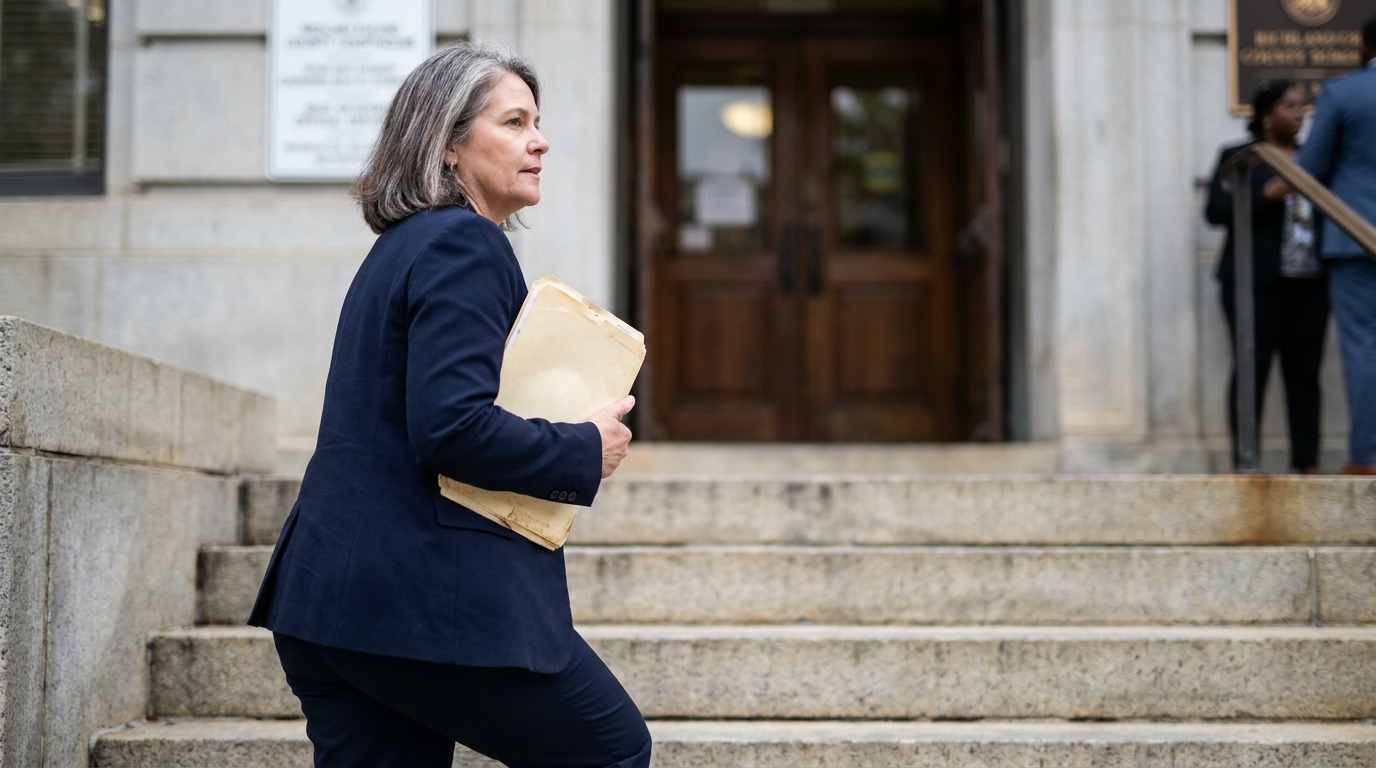 female attorney carrying legal folder ascending courthouse steps toward entrance
