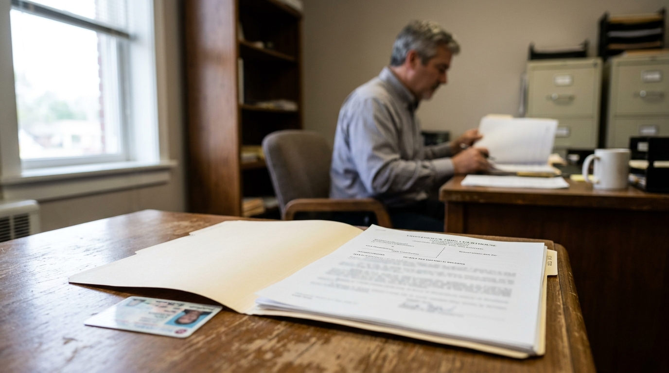 Dayton Attorney Reviewing Minor Auto Accident Claim File open legal file folder with court documents and ID card on wooden desk