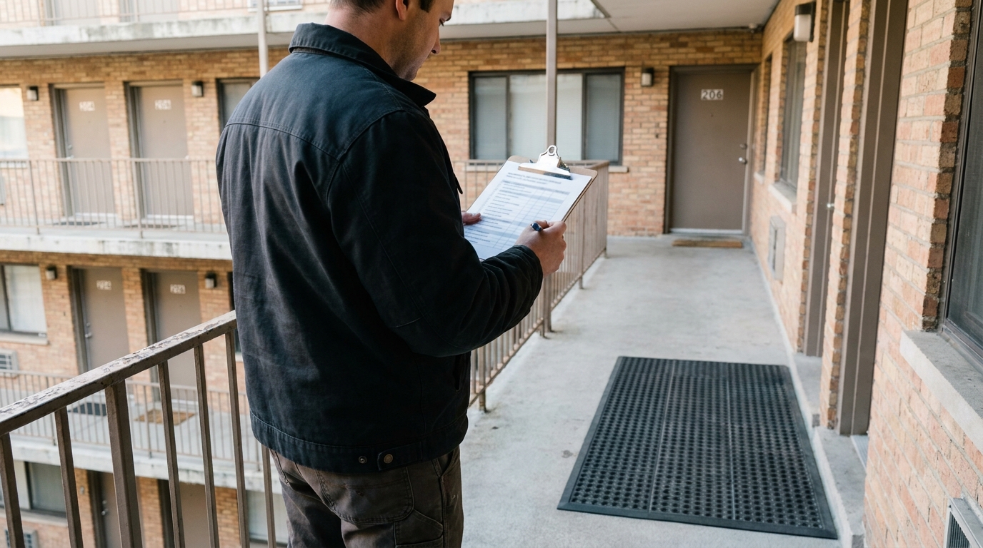 Chicago Property Inspector Reviewing Premises Liability Checklist inspector reviewing clipboard checklist on multi-unit apartment building exterior walkway