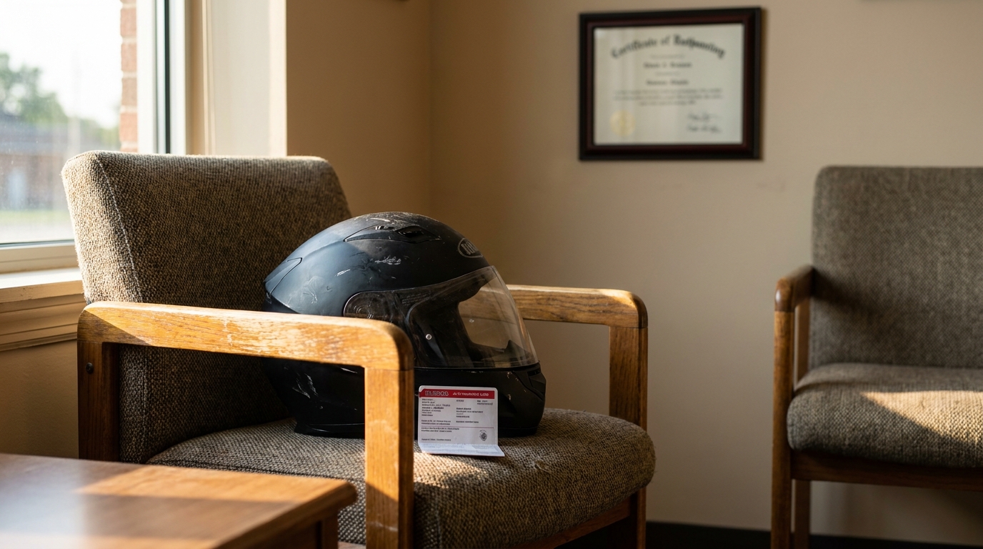 Chicago MVA Lawyer Office Helmet Illinois Accident Claim motorcycle helmet and Illinois auto insurance card on law office waiting room chair