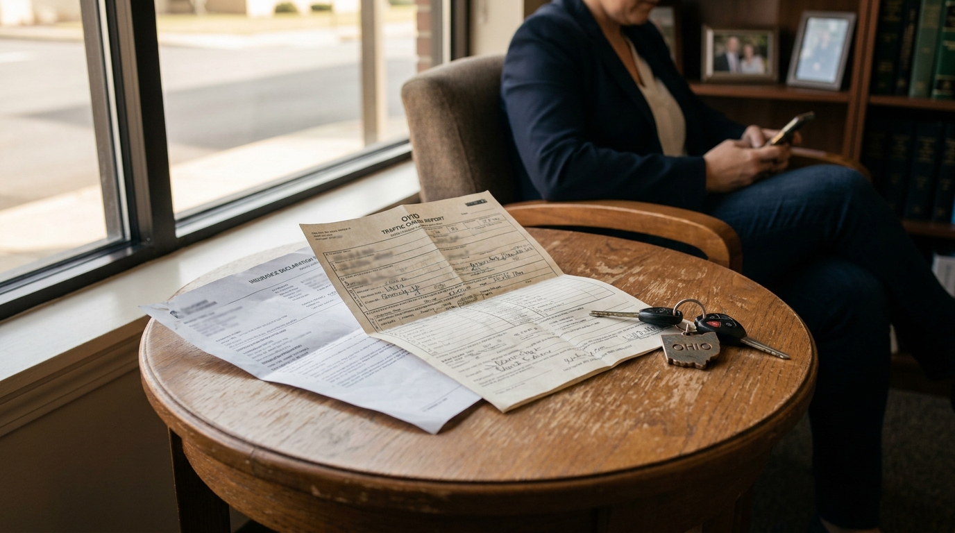 Ohio Traffic Crash Report and Car Keys Dayton Negligence Claim Ohio Traffic Crash Report and car keys on table with person seated nearby