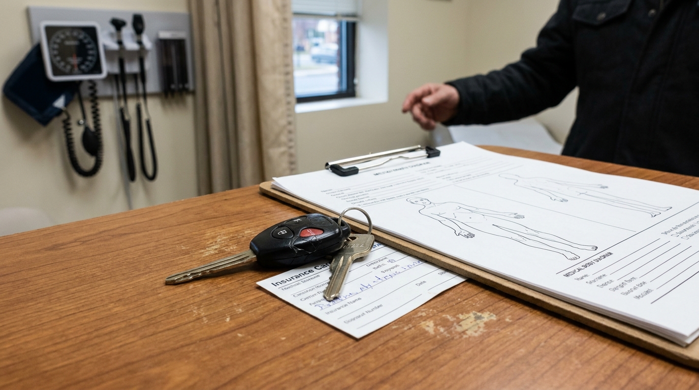 Albany Car Accident Medical Records and Insurance Card Documentation car keys and insurance card on desk beside medical body diagram clipboard