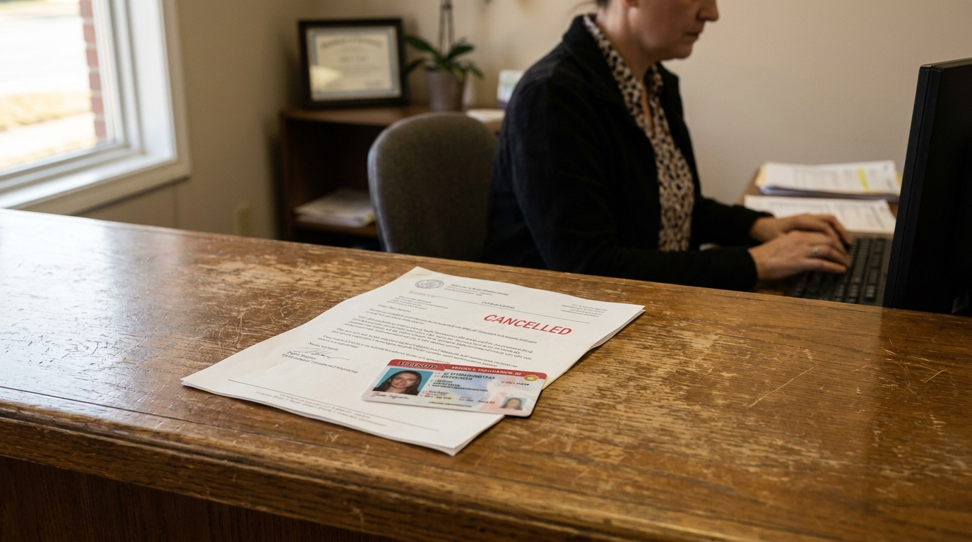 Cancelled Insurance Policy and Illinois ID at Chicago Law Office cancelled document and driver's license on desk with legal professional typing