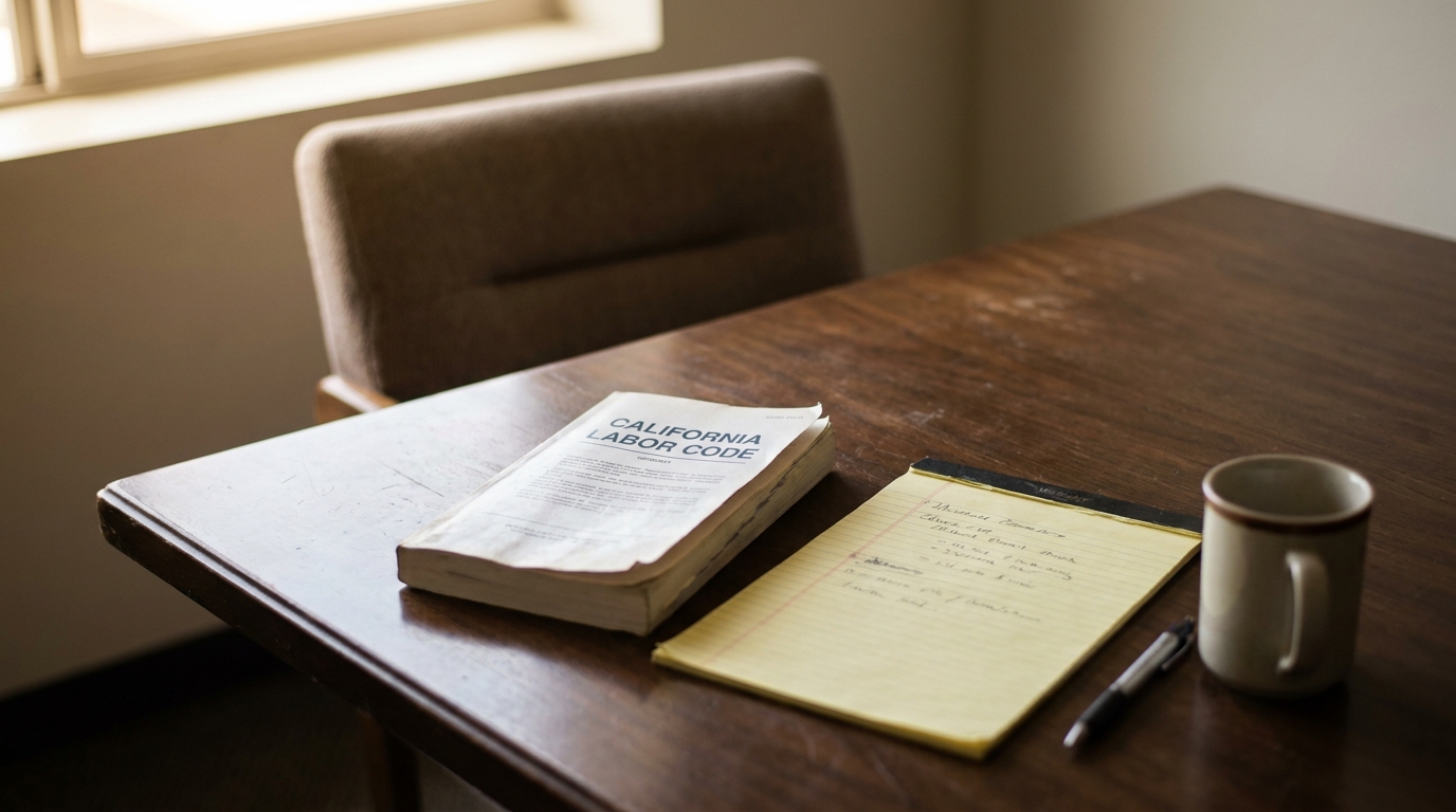 California Labor Code Book on Wrongful Termination Attorney Desk California Labor Code book open on desk beside handwritten legal notepad and mug