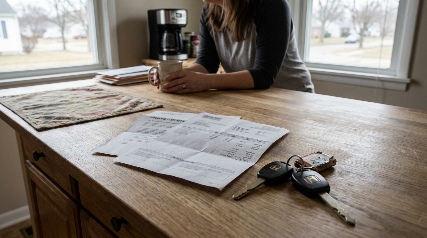 woman at kitchen table with insurance claim report and Honda car keys