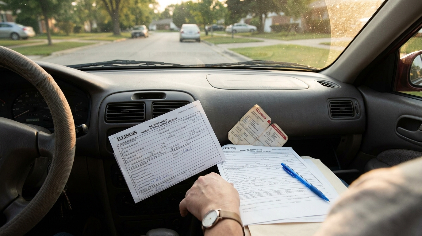 driver holding Illinois Motorist Report of Motor Vehicle Accident form inside vehicle