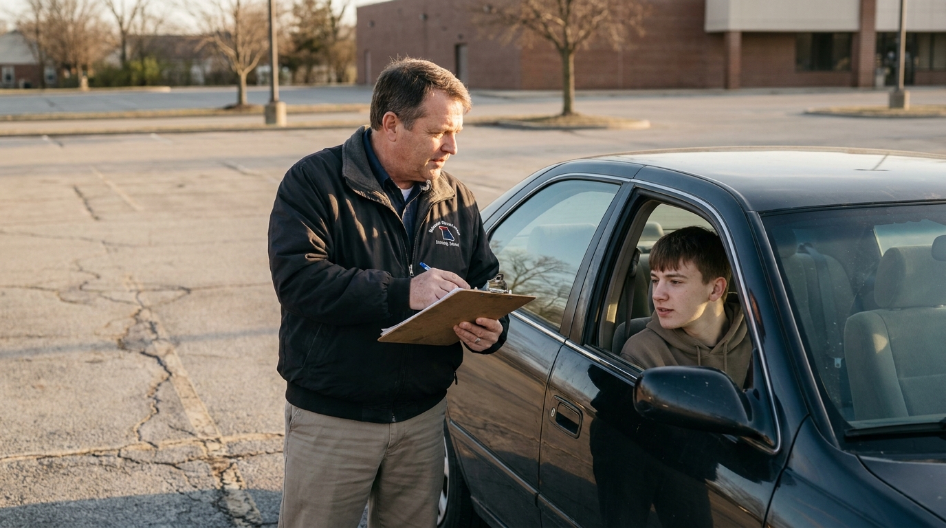 driving examiner writing on clipboard beside teen driver seated in vehicle