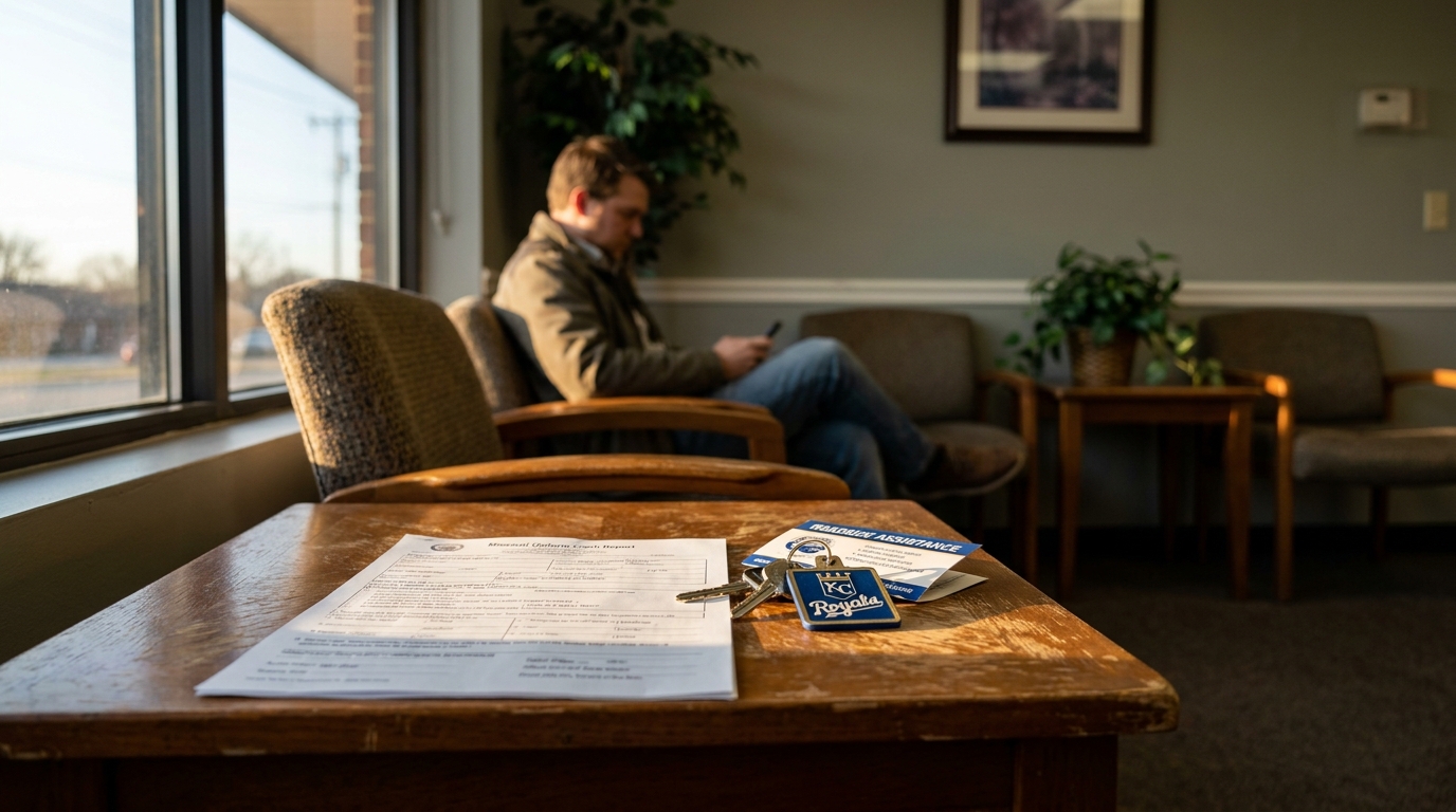 Kansas City Car Accident Claim Form Attorney Office Missouri Uniform Crash Report form and car keys on waiting room table