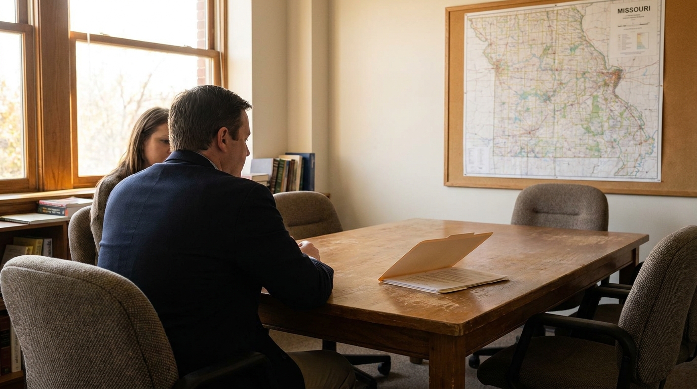 two professionals reviewing open file folder at conference table beside Missouri map