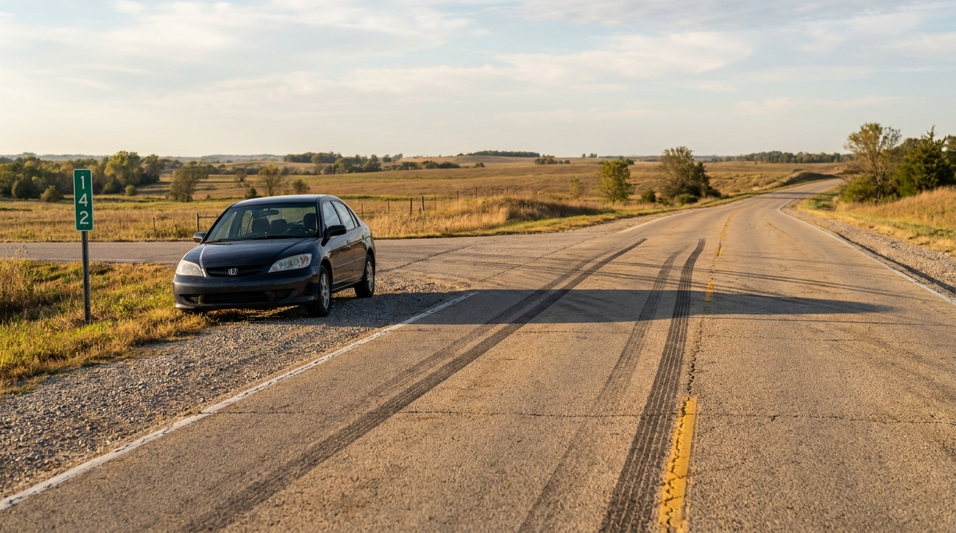 sedan parked on rural road shoulder near mile marker 142 sign