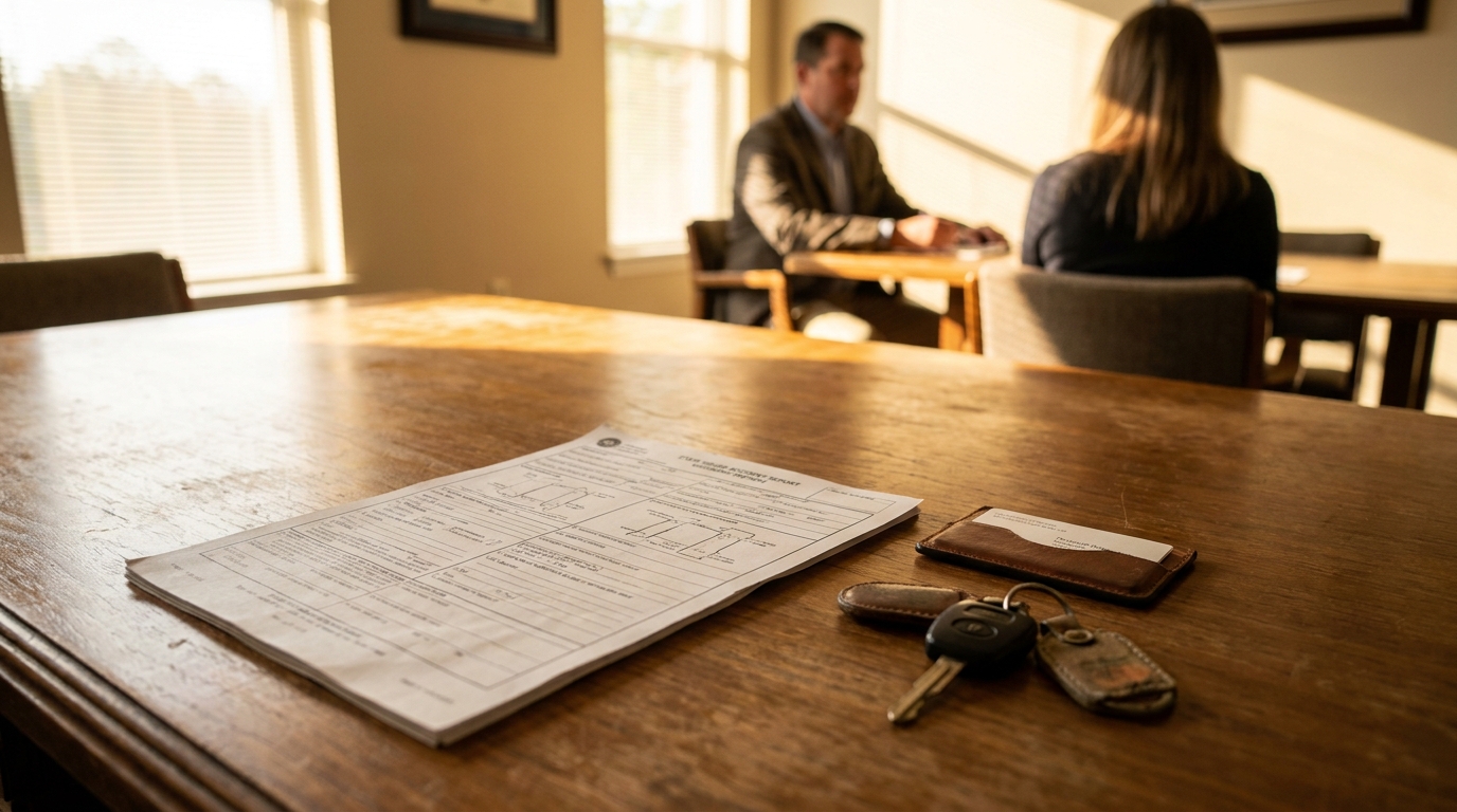Car Accident Attorney Consultation Independence Missouri police accident report form and car keys on table during attorney client meeting