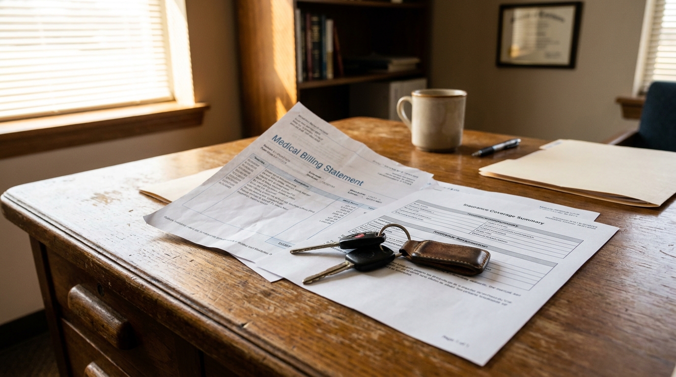 Medical Billing Statement and Insurance Coverage Summary with car keys on wooden desk