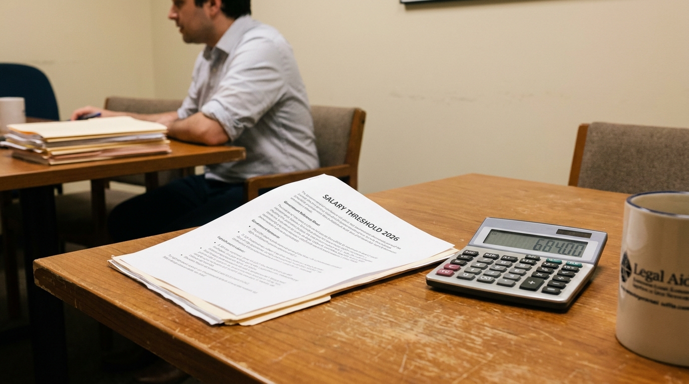Salary Threshold 2026 document beside calculator and Legal Aid mug on desk
