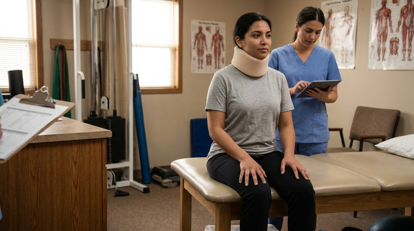 patient wearing cervical neck brace seated on exam table during physical therapy evaluation