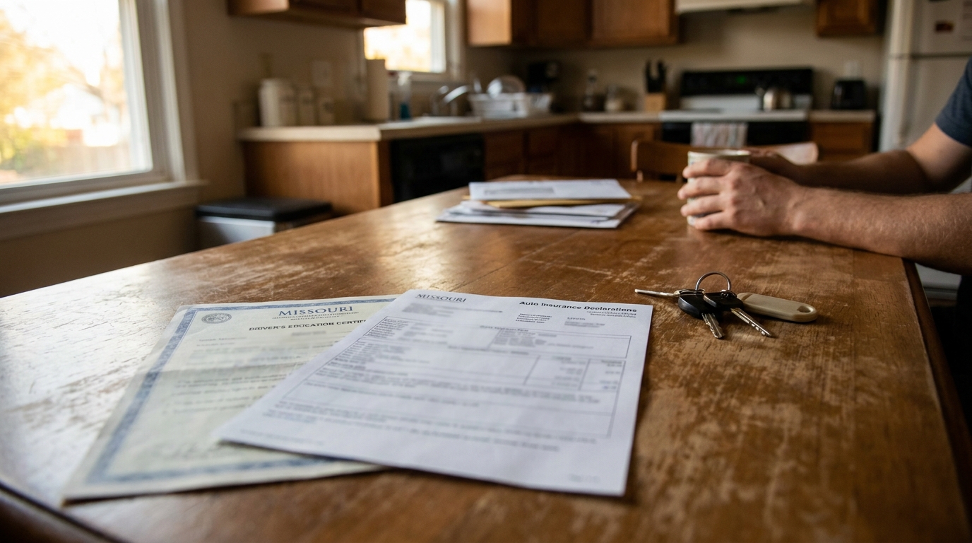 Missouri auto insurance declarations and driver's education certificate with car keys on kitchen table