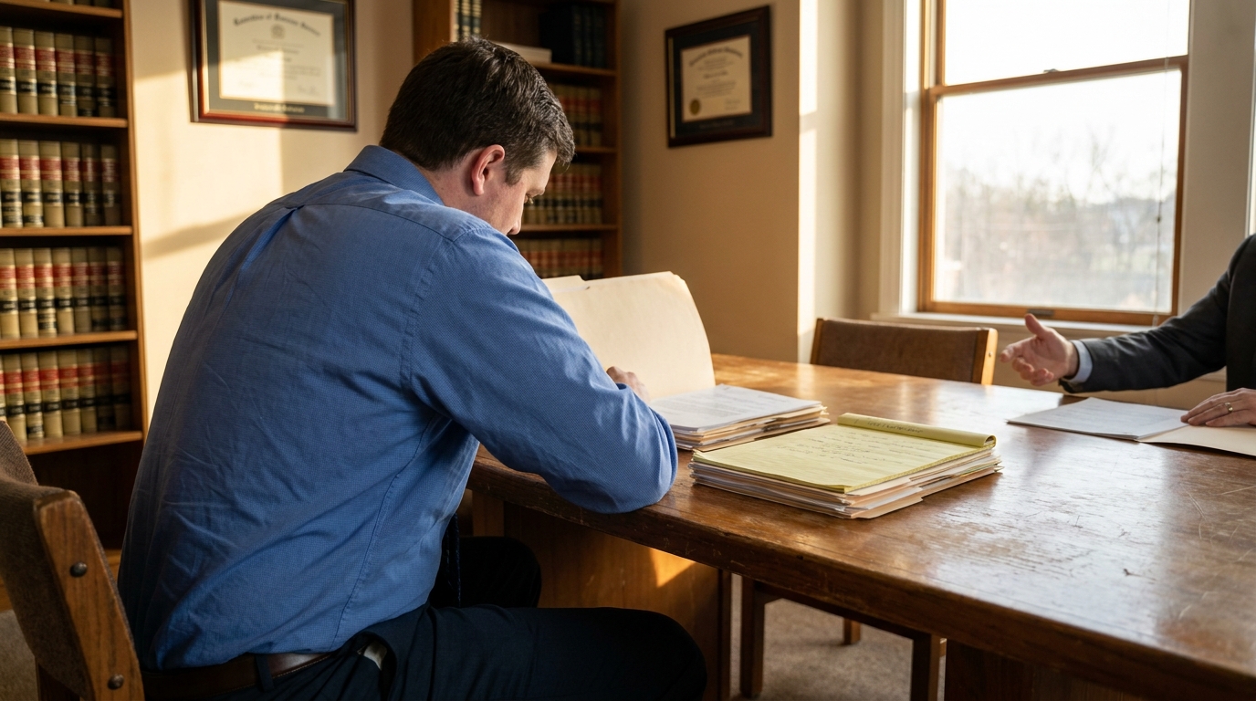 man reviewing legal documents at wooden table in law office with framed certificates