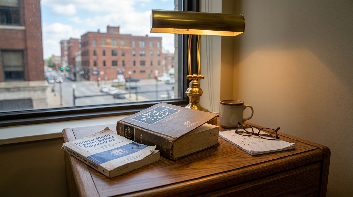 Ohio Revised Code and Federal Motor Carrier Safety Regulations books on attorney desk