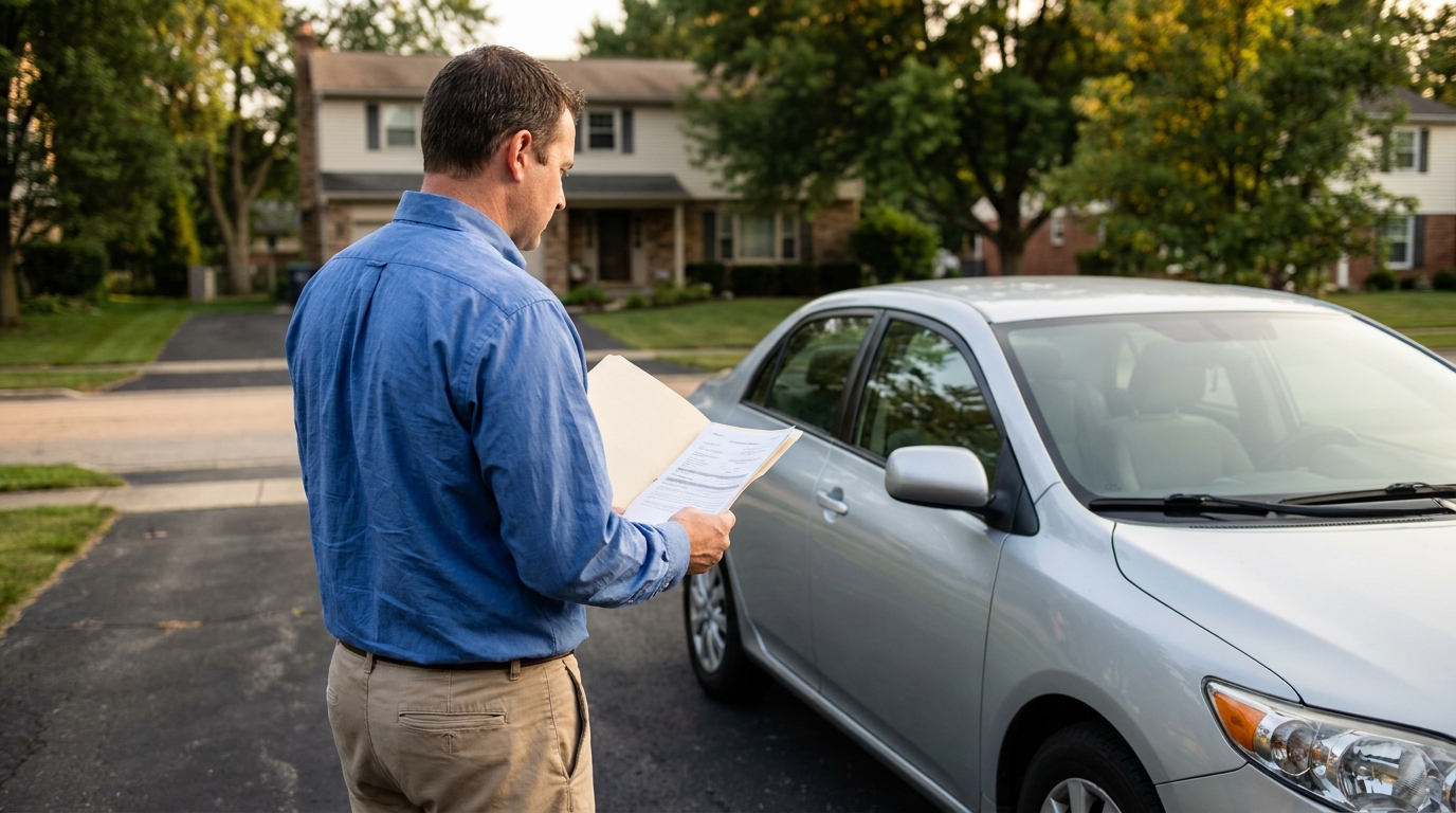 Dayton Man Reviewing Subrogation Claim Documents After Car Accident man standing beside sedan in driveway reviewing documents from folder