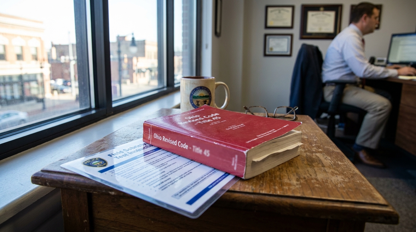 Ohio Revised Code Title 45 book and Field Sobriety Test document on attorney desk
