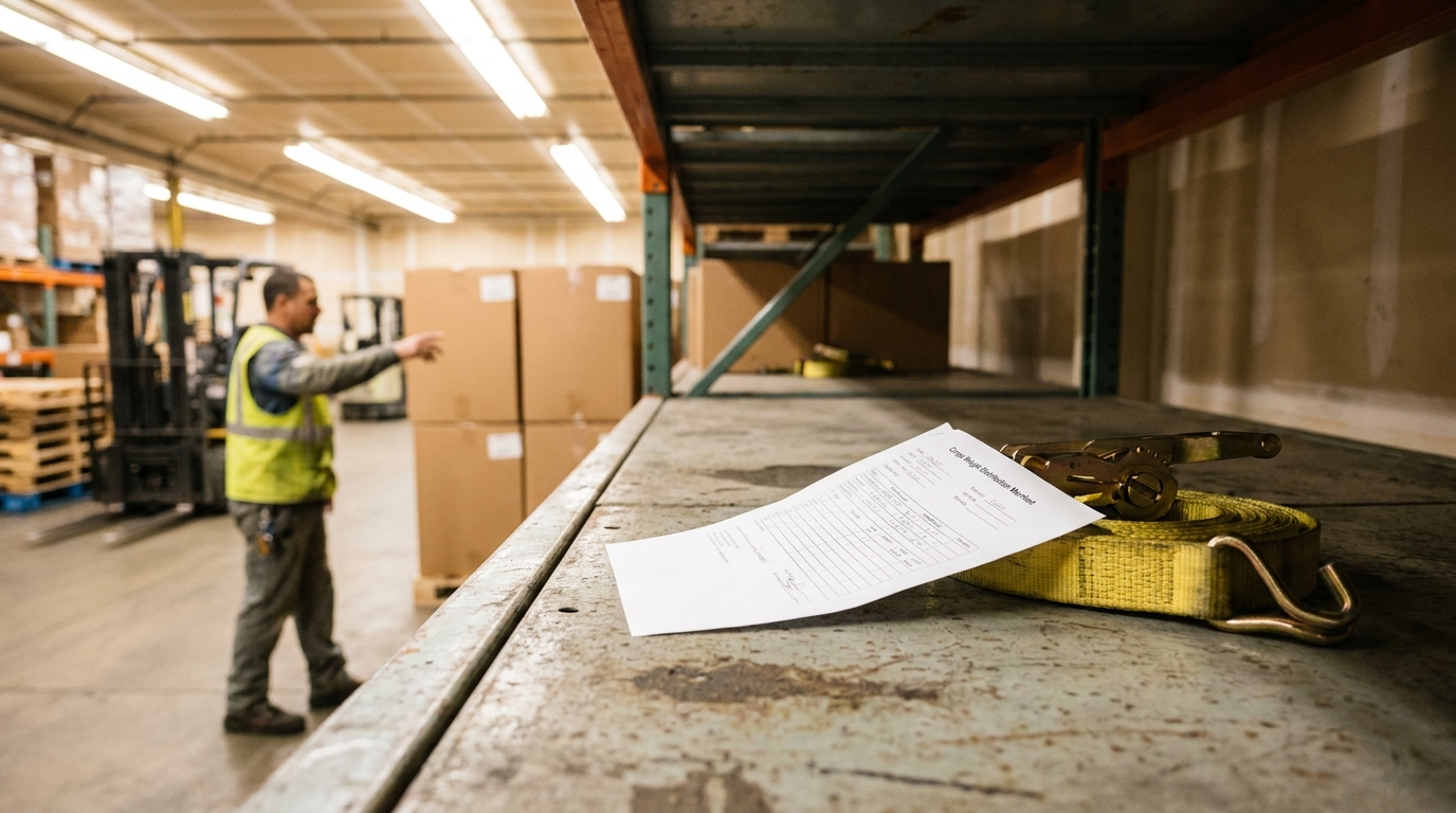 Dayton Cargo Loading Worker With Securement Strap and Manifest warehouse worker in safety vest near forklift with cargo freight document and ratchet strap