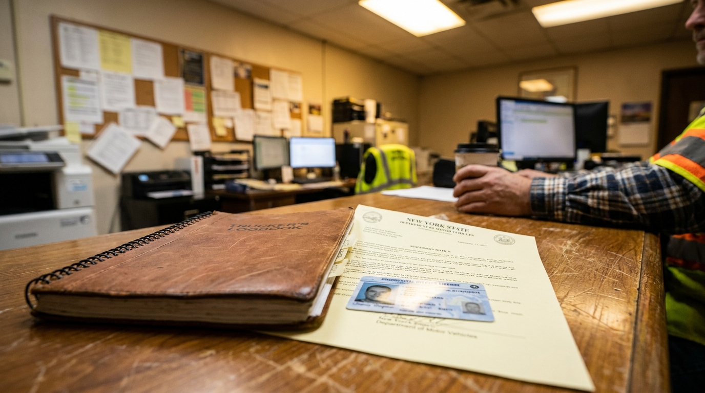 trucker's logbook, New York State DMV notice, and driver's license on desk