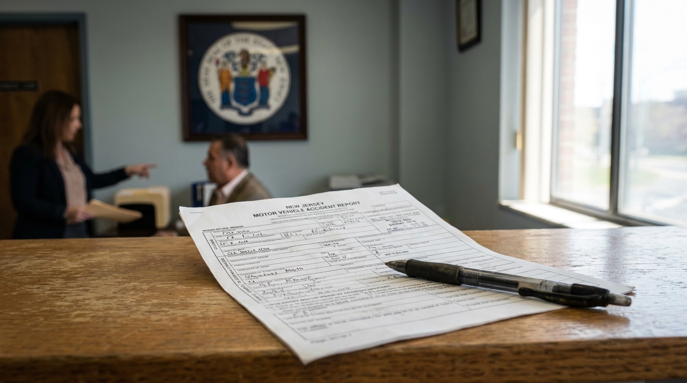 New Jersey Motor Vehicle Accident Report Passaic County Claim New Jersey Motor Vehicle Accident Report form with pen on wooden counter