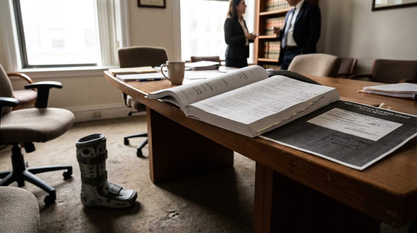 New York State Supreme Court filing receipt and open legal binder on law office desk with orthopedic boot nearby