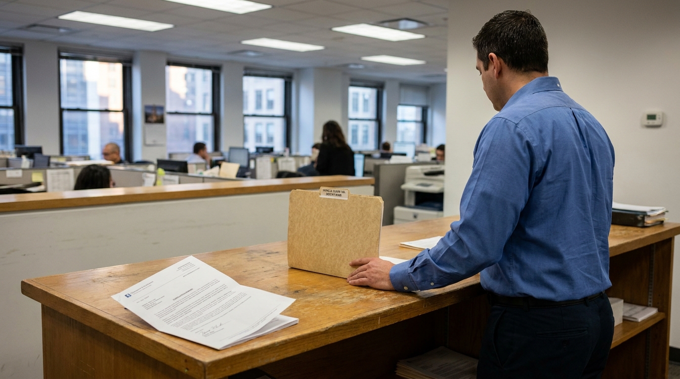 NYC Insurance Claim File Subrogation Office Review man standing at office counter holding manila folder beside signed legal document