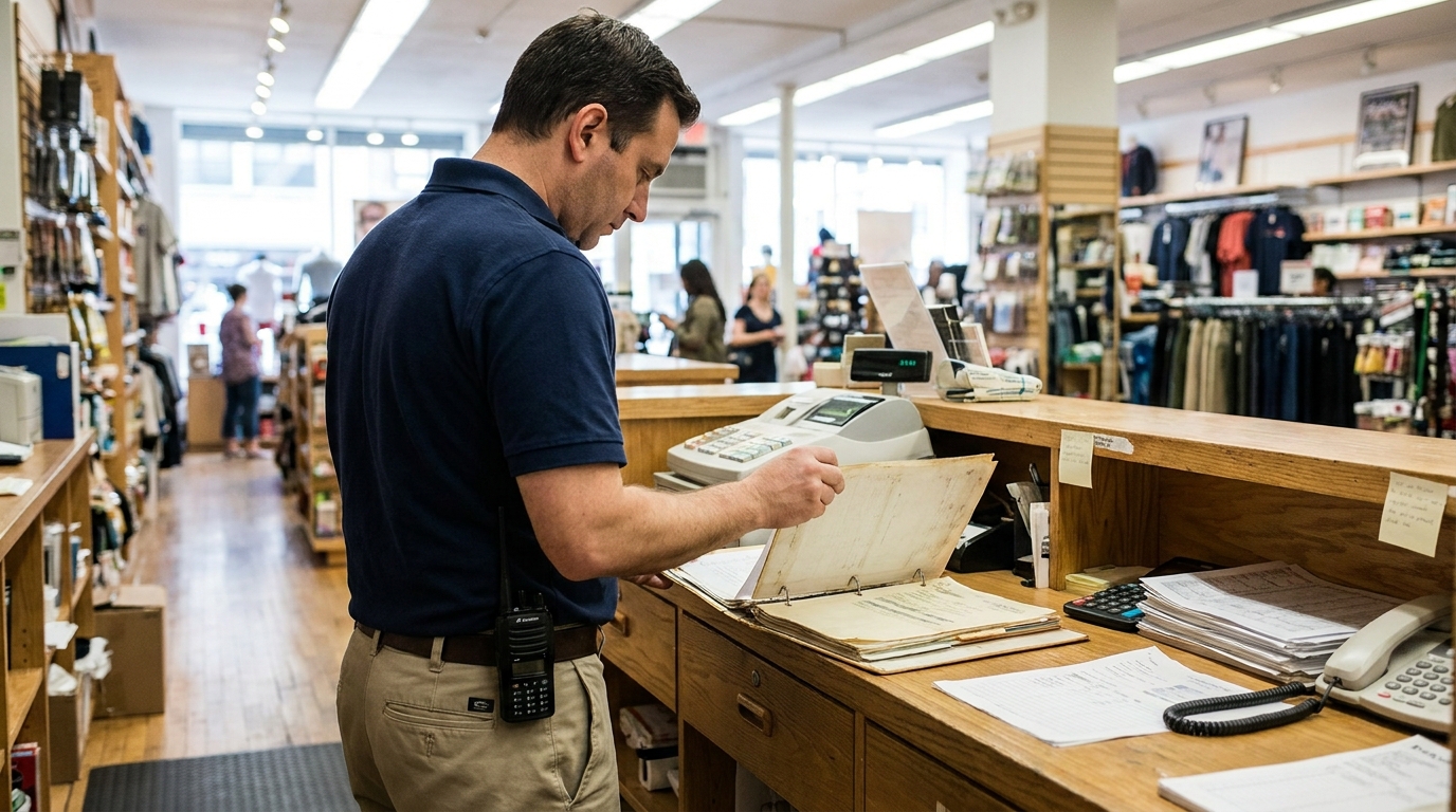 NYC Store Manager Reviewing Records Constructive Notice Slip and Fall retail store employee reviewing binder of documents at checkout counter