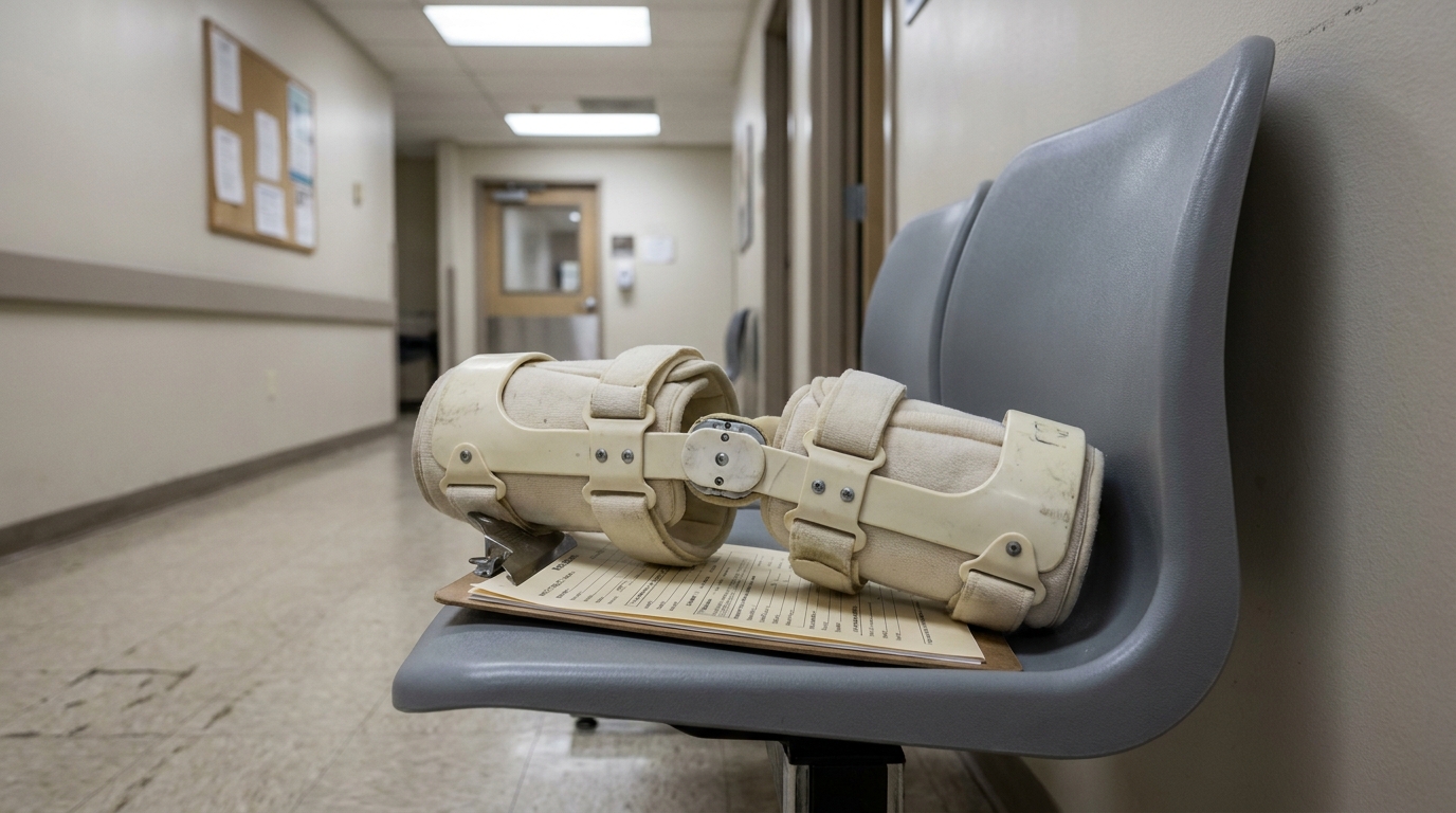 NYC Slip and Fall Injury Knee Brace Medical Claim orthopedic knee brace resting on medical clipboard in hospital waiting area