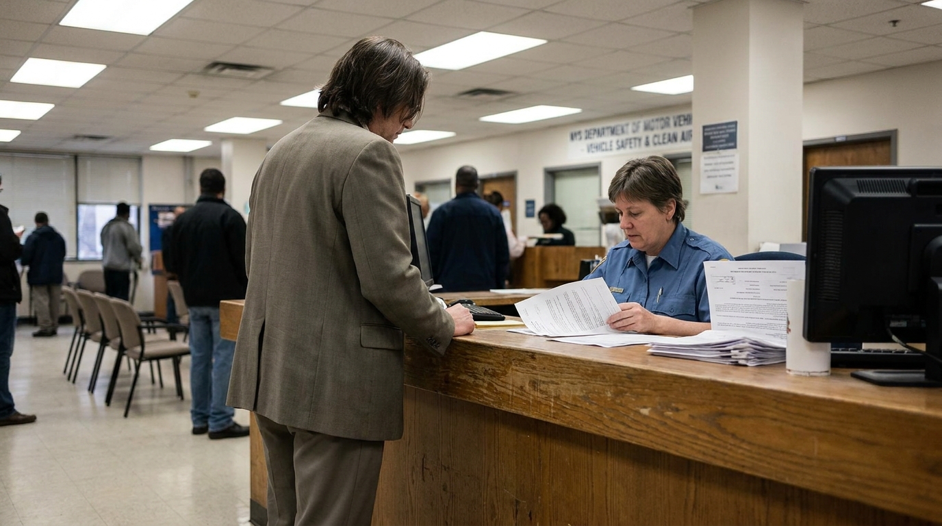 New York DMV Clerk Reviewing Uninsured Driver Paperwork NYS Department of Motor Vehicles clerk reviewing documents with visitor at service counter
