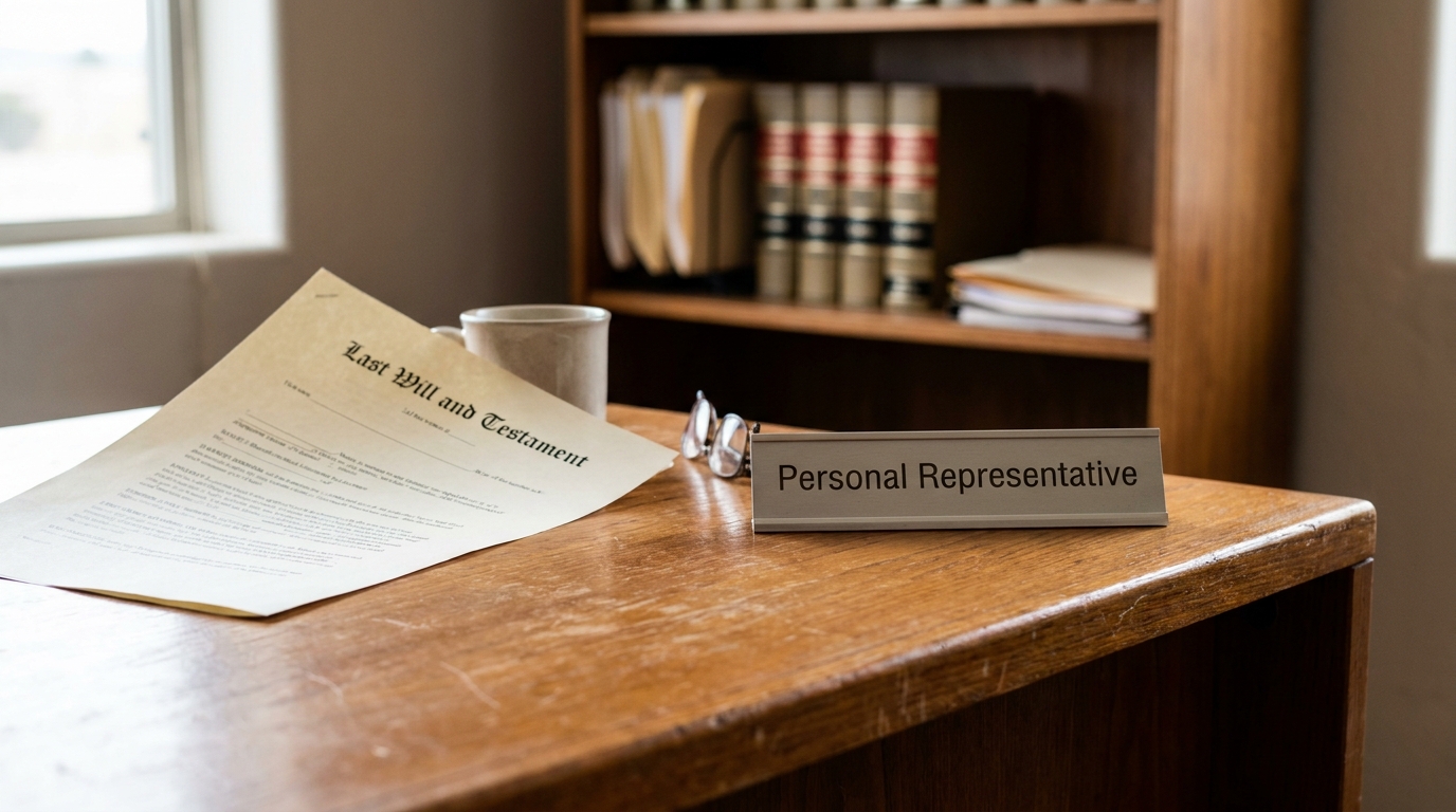 Last Will and Testament document beside Personal Representative nameplate on wooden desk
