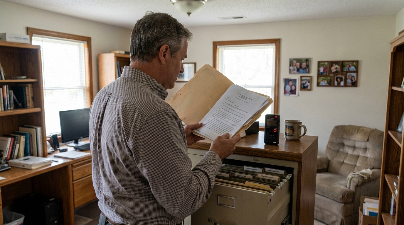 man reviewing documents from open manila folder beside filing cabinet in office