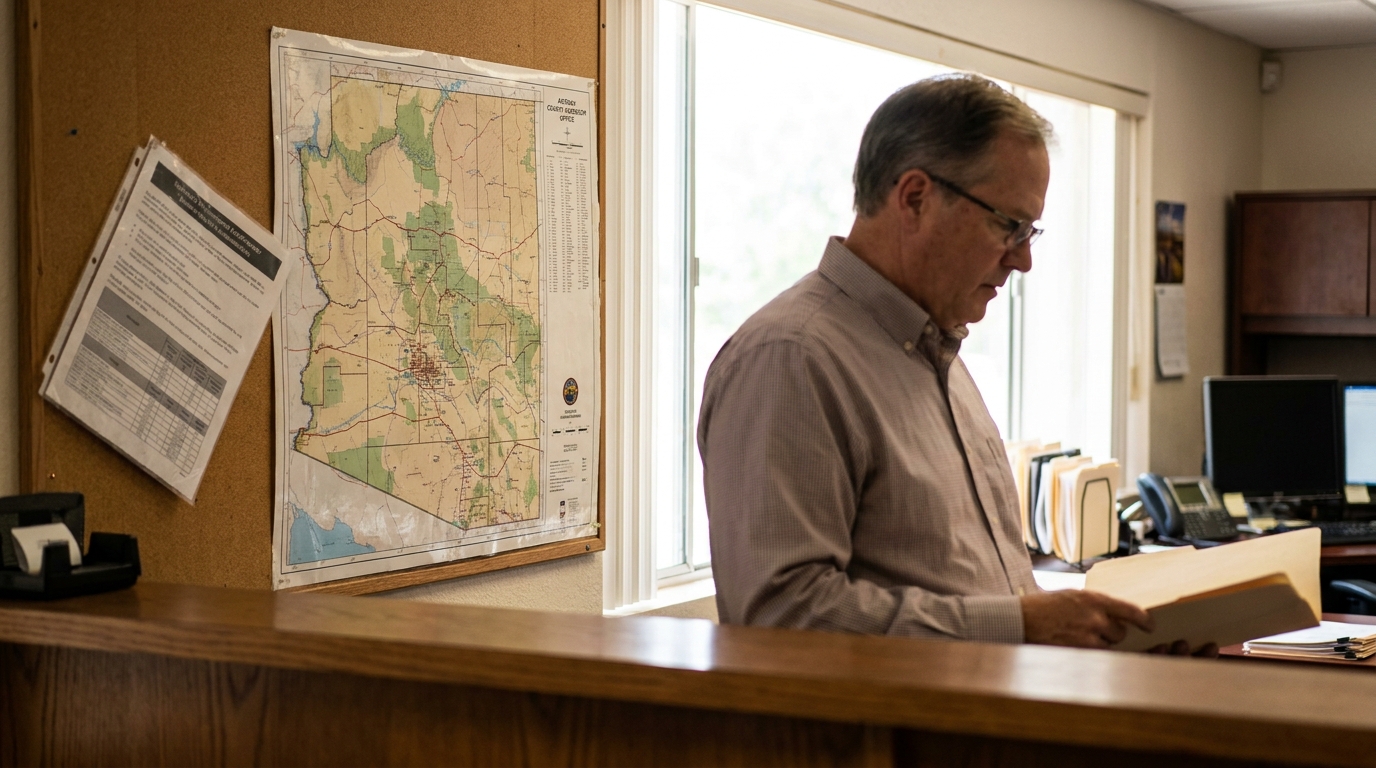 professional man reviewing folder at office counter with Arizona map on bulletin board