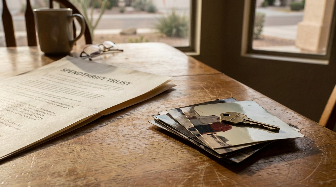 Spendthrift Trust document on wooden table with key and photographs