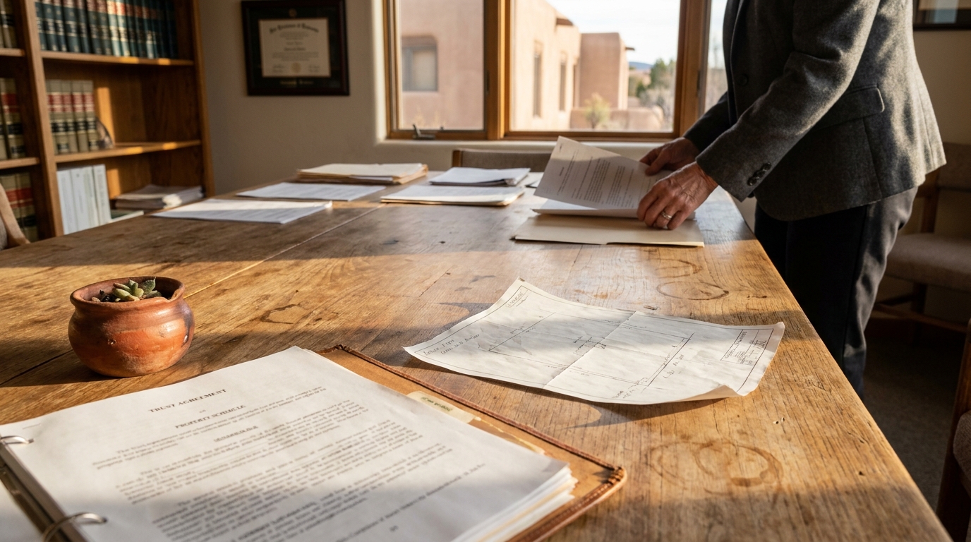 attorney reviewing legal documents beside open Trust Agreement binder in law office