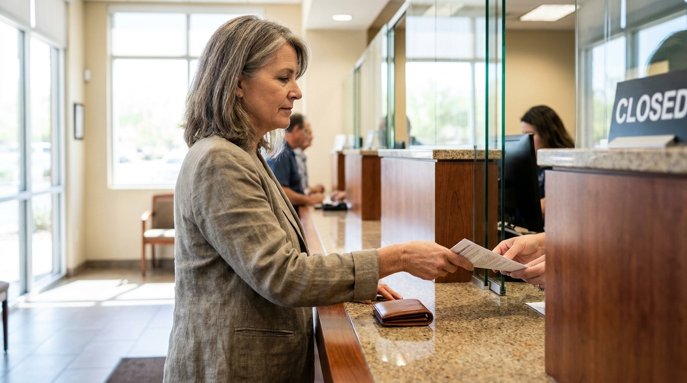 Surviving Spouse Accessing Joint Bank Account Chandler Arizona woman handing document to teller at bank counter with Closed sign visible