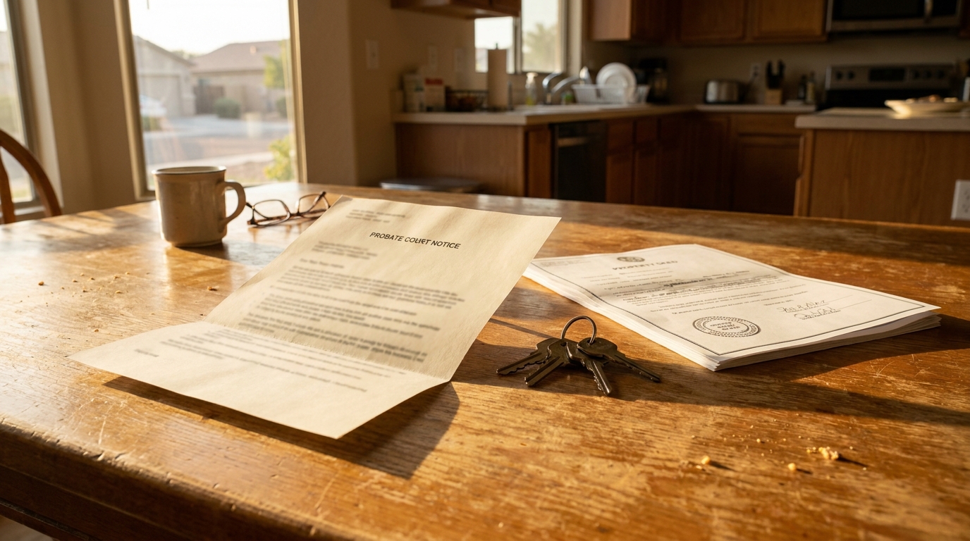 Probate Court Notice and property deed with house keys on wooden table